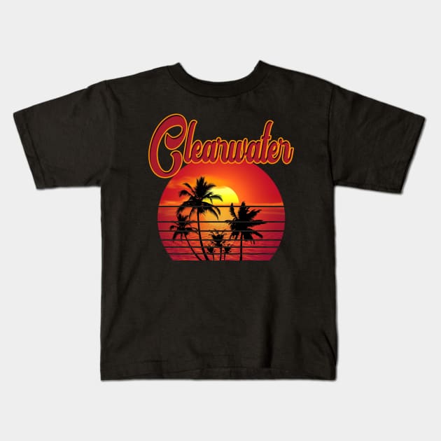 Clearwater Retro Vintage Sunset Beach Kids T-Shirt by bougieFire